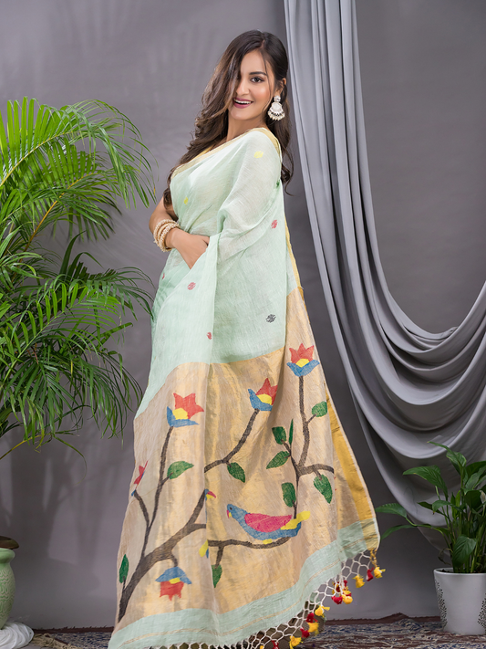 Linen Jamdani Saree With Mint Green - 023
