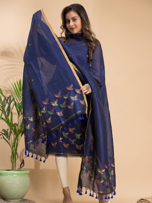 Midnight Ink | Handloom Jamdani Linen Unstitched 2-Piece Kurti