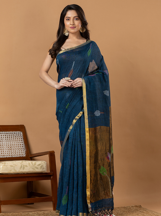 Handwoven Jamdani Linen Saree | Teal Blue