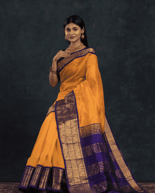 Pure Handloom Korvai Saree | Golden Yellow and Golden Purple