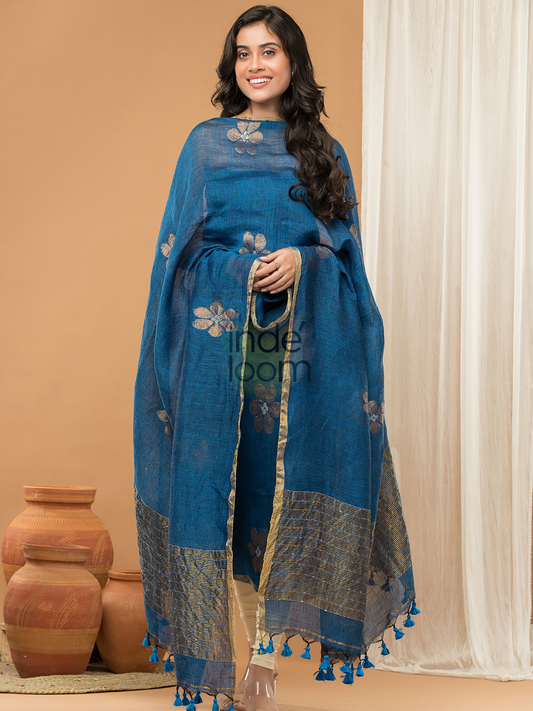 Handwoven Jamdani Linen Unstitched 2-piece Kurti | Steel Blue