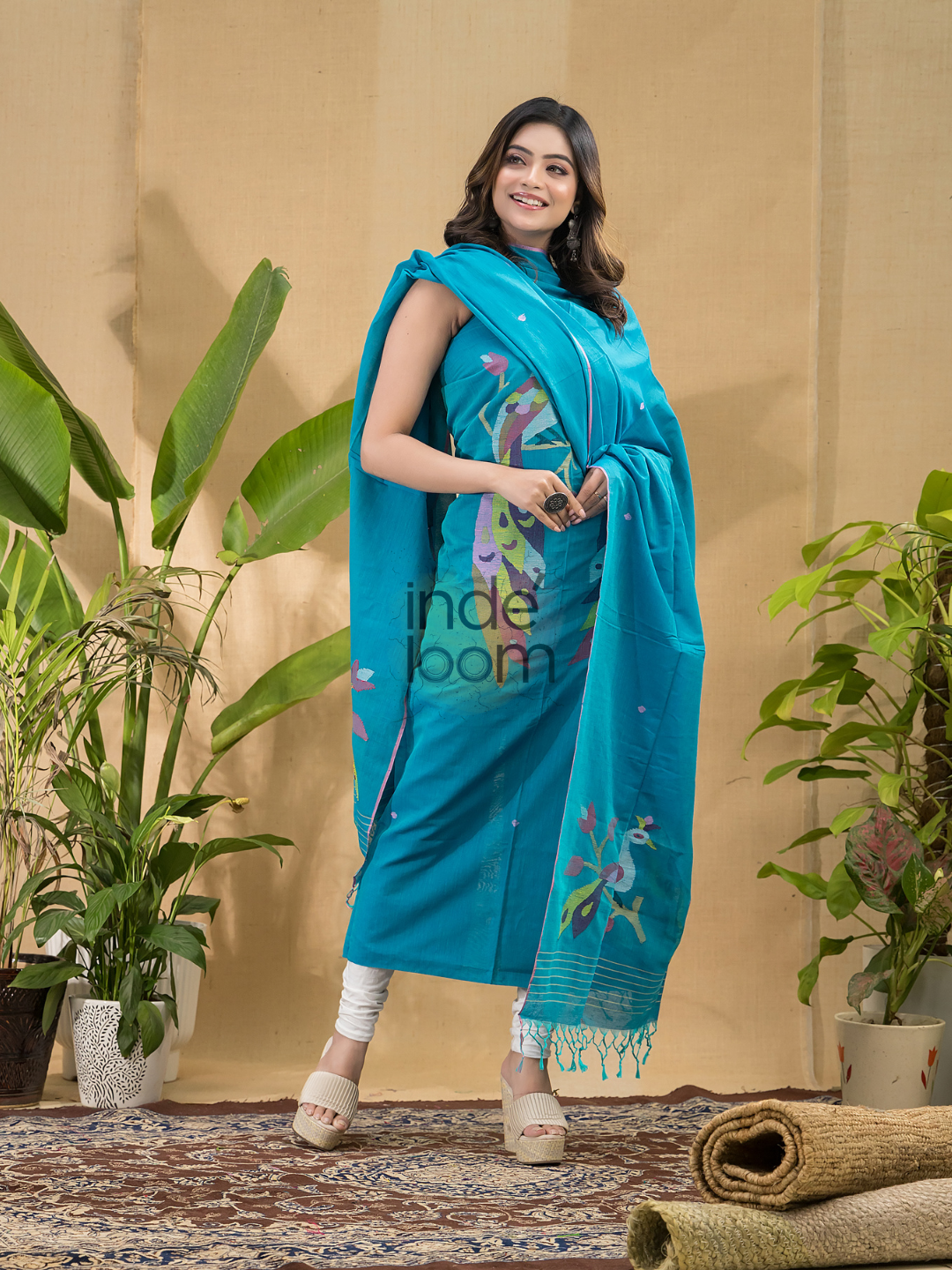 Aqua Blue Jamdani 2-Piece Set Kurti & Dupatta (UNSTITCHED) -725