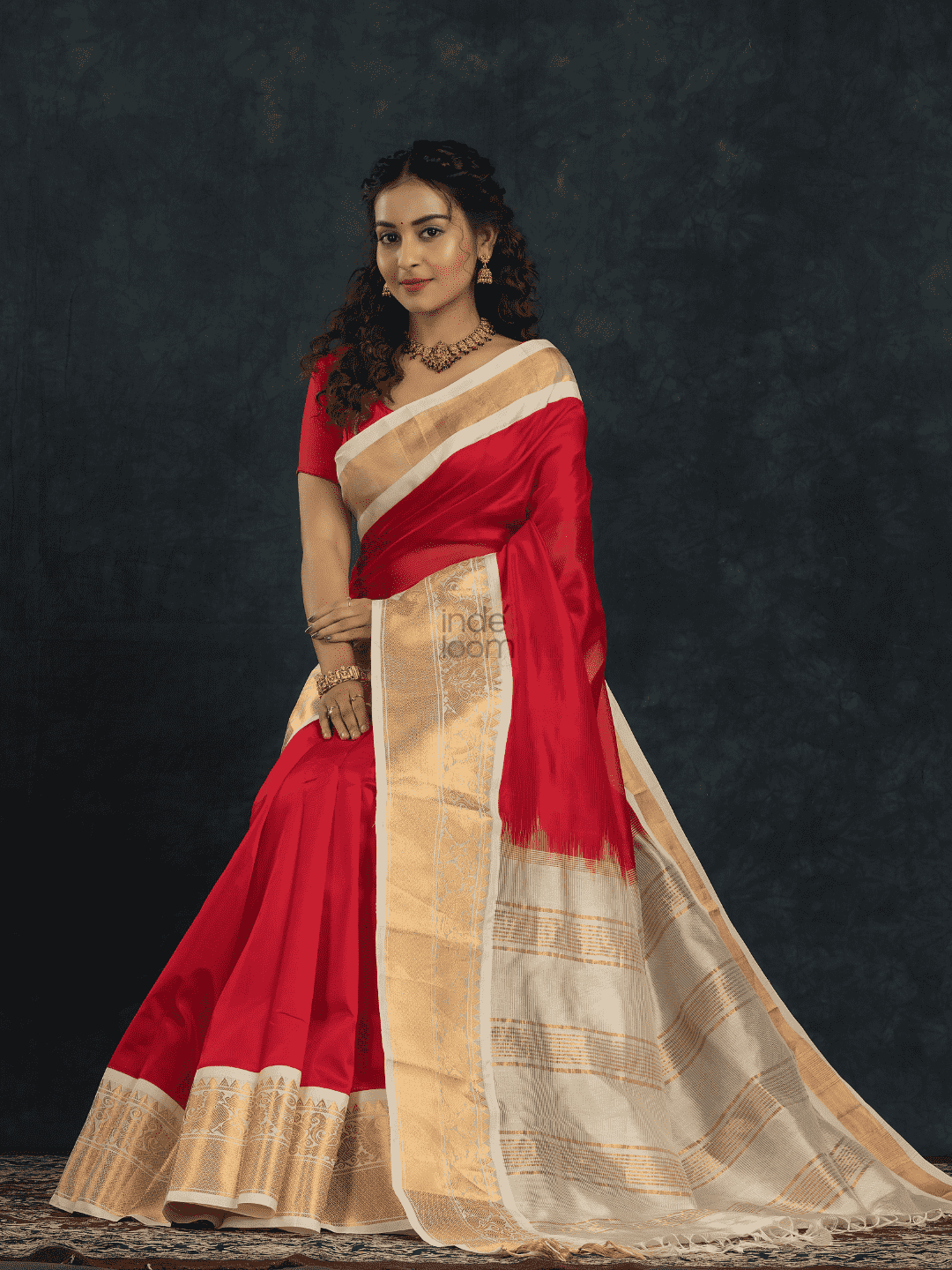 Pure handloom Korvai Silk Cotton Saree in Hot Red and Ivory White Border - 001