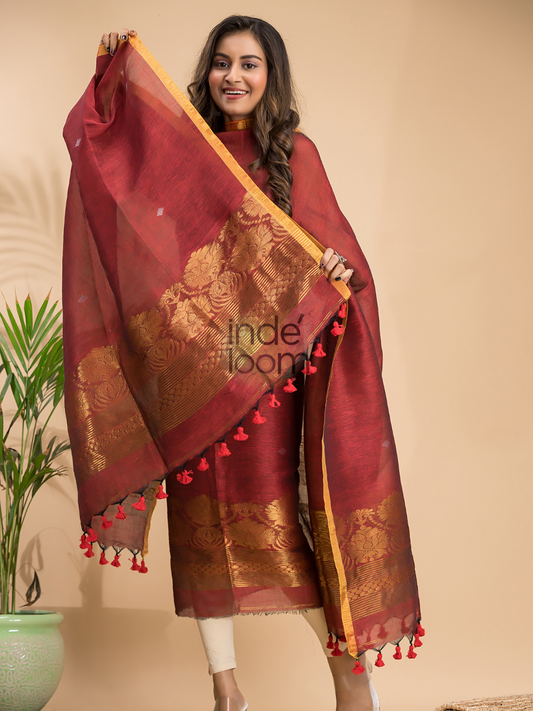 Classic Maroon | Handloom Jamdani Linen Unstitched 2-Piece Kurti | Benaras Design