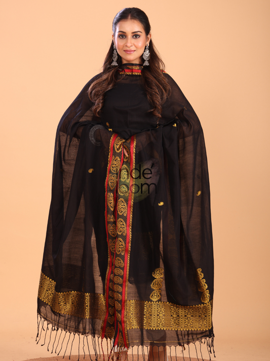 Deep Black | Handloom Jamdani Linen Unstitched 2-Piece Kurti | Baluchari Design