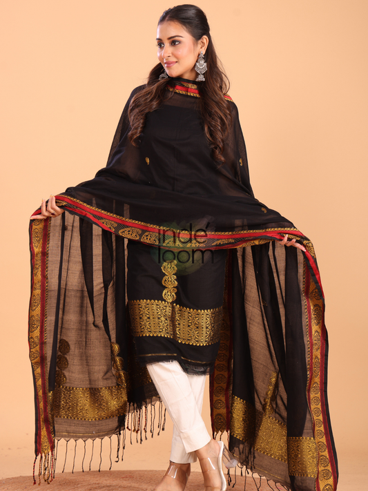 Deep Black | Handloom Jamdani Linen Unstitched 2-Piece Kurti | Baluchari Design