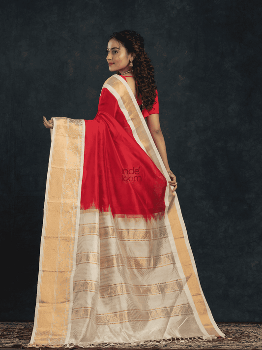Pure Handloom Korvai Saree | Hot Red and Ivory White