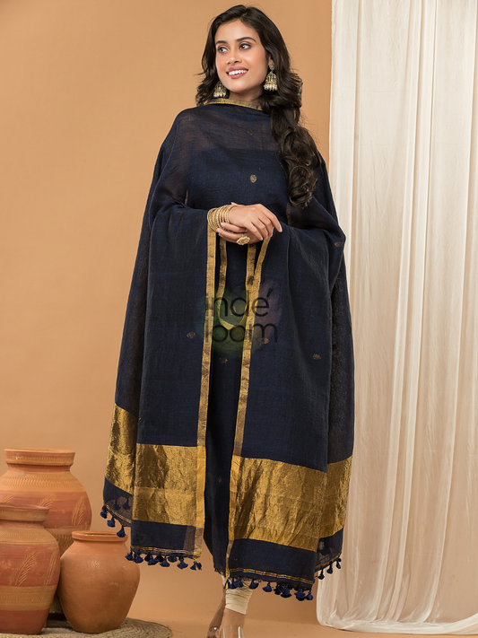 Handwoven Jamdani Linen Unstitched 2-piece Kurti | Steel Blue
