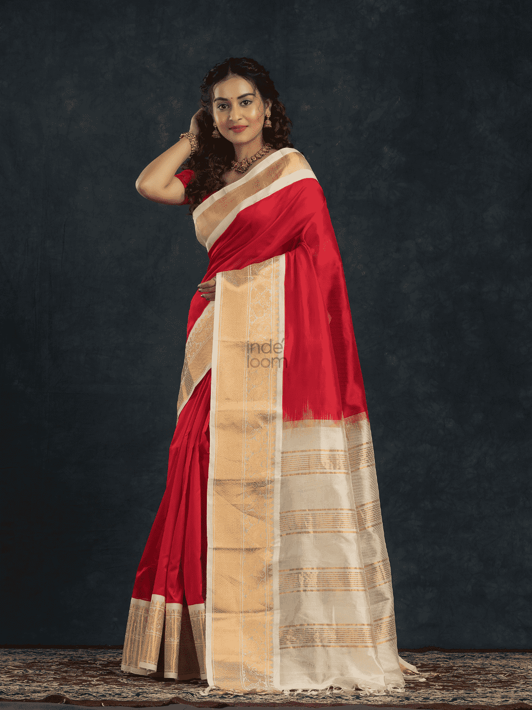 Pure handloom Korvai Silk Cotton Saree in Hot Red and Ivory White Border - 001