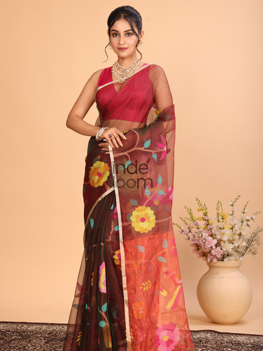 Muslin Jamdani Saree With Mahagany Red - 132