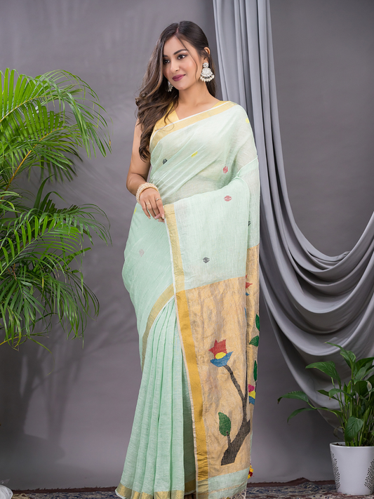 Handwoven Pure Jamdani Linen Saree | Sage Green
