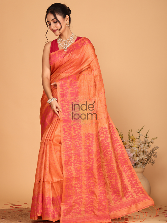 Tissue Jamdani Saree With Spanish Orange - 131