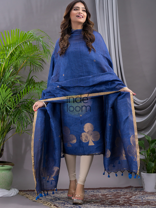Dark Denim Blue | Handloom Jamdani Linen Unstitched 2-Piece Kurti