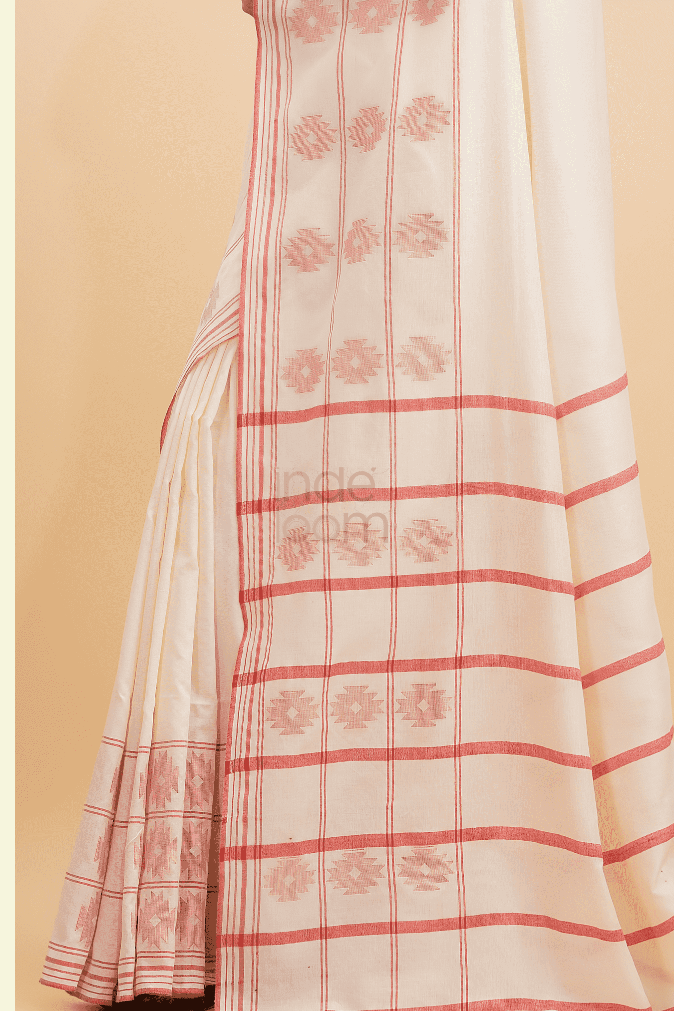 Dewali Saree Handloom Cotton in Red White 017 - indeloom