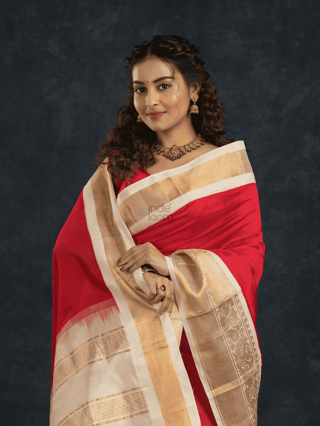 Pure handloom Korvai Silk Cotton Saree in Hot Red and Ivory White Border - 001