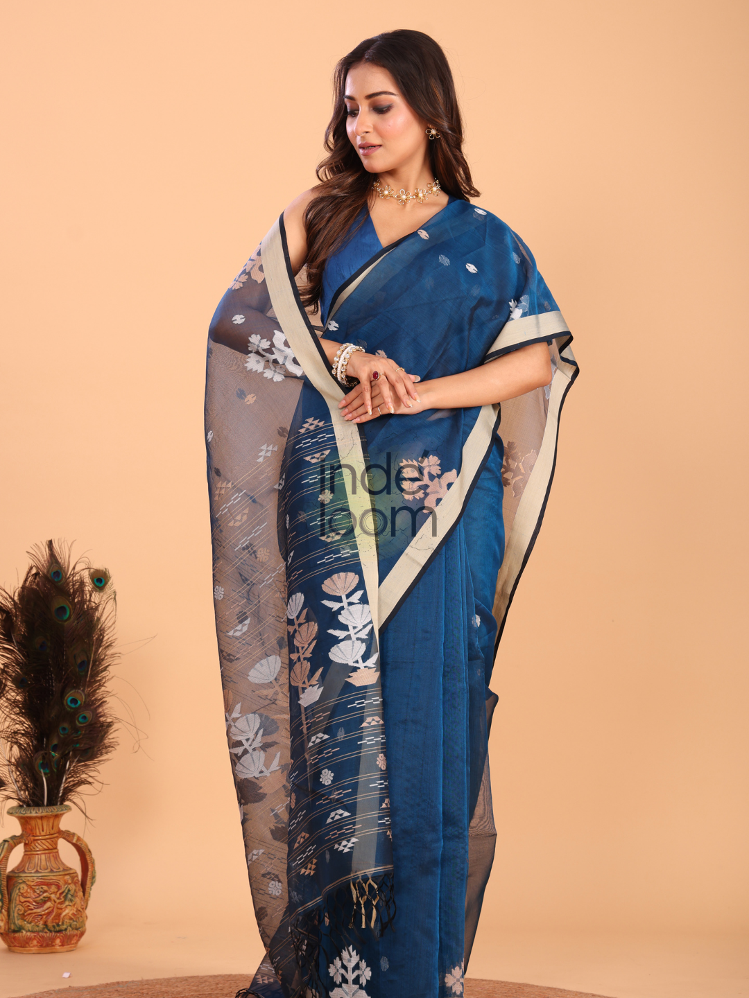 Silk Jamdani Saree With Navy Blue- 153