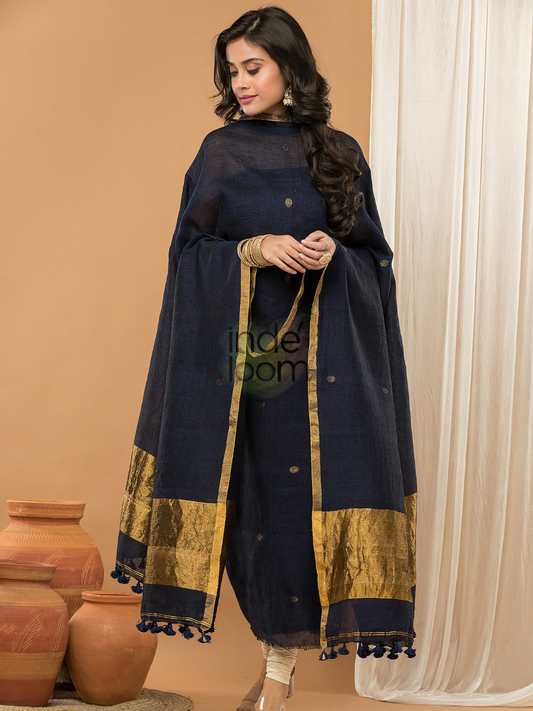 Midnight Blue | Handloom Jamdani Linen Unstitched 2-Piece Kurti