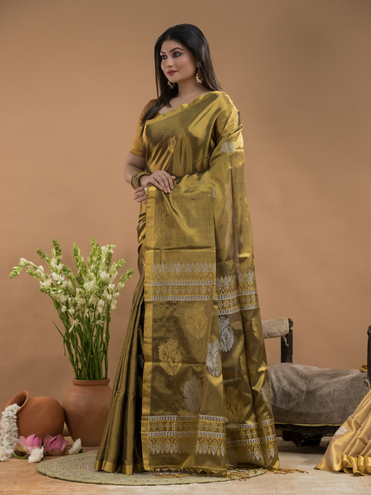 Tissue Silk Saree Shaded Golden Brown With Green Border - 028