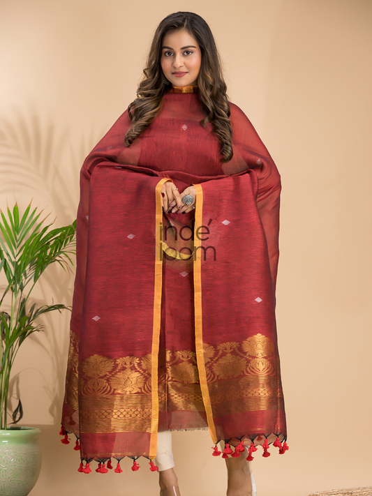 Classic Maroon | Handloom Jamdani Linen Unstitched 2-Piece Kurti | Benaras Design