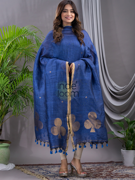 Dark Denim Blue | Handloom Jamdani Linen Unstitched 2-Piece Kurti