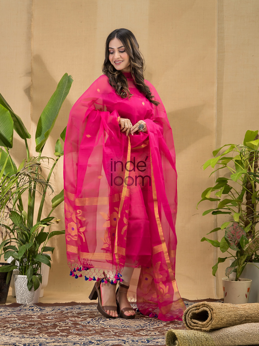 Hot Magenta | Handloom Jamdani Muslin Unstitched 2-Piece Kurti