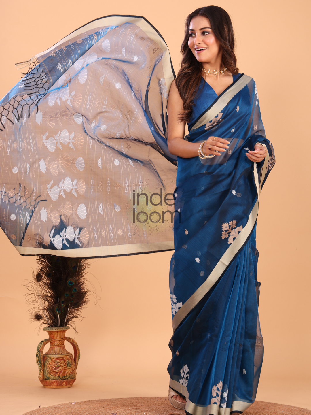Silk Jamdani Saree With Navy Blue- 153