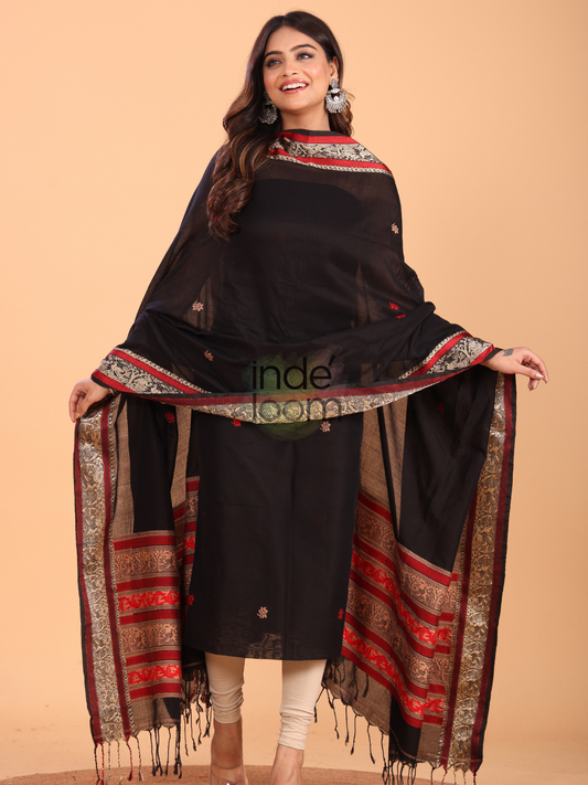 Red on Deep Black | Handloom Jamdani Linen Unstitched 2-Piece Kurti | Baluchari Design