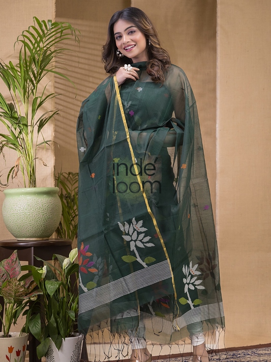 Deep Moss | Handloom Jamdani Muslin Unstitched 2-Piece Kurti | Classic Design