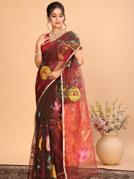 Muslin Jamdani Saree With Mahagany Red - 132