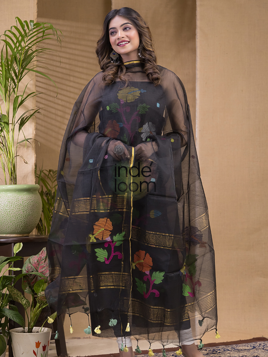 Coal Black | Handloom Jamdani Muslin Unstitched 2-Piece Kurti