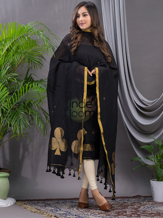 Deep Black | Handloom Jamdani Linen Unstitched 2-Piece Kurti