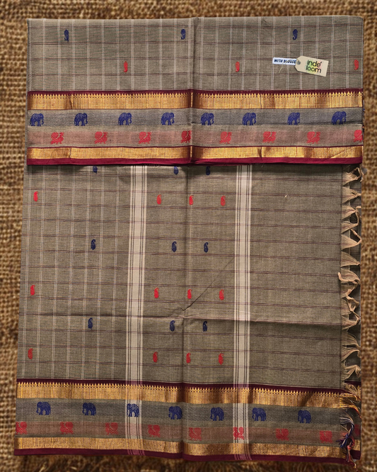 Kanchi Cotton|Dark Grey & Maroon