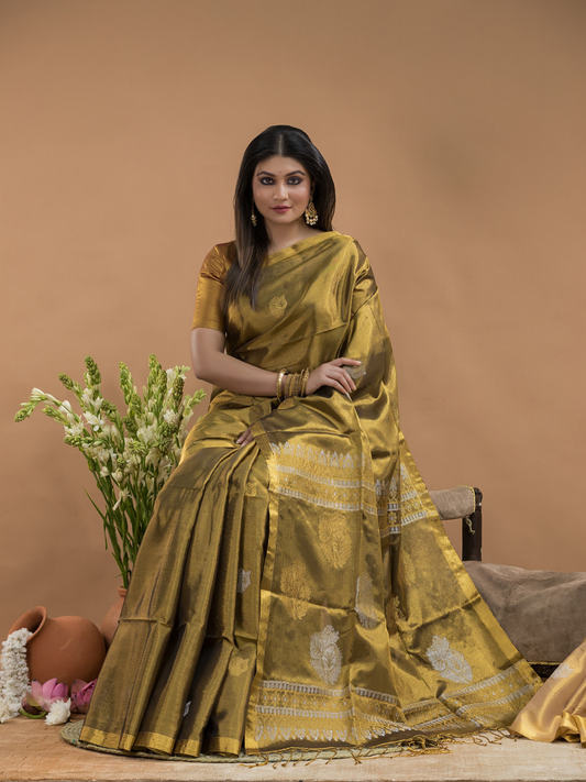 Tissue Silk Saree Shaded Golden Brown With Green Border - 028