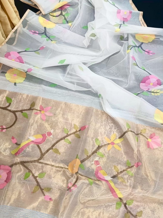 Powder White Hand Woven Muslin Paithani Jamdani Saree - 116