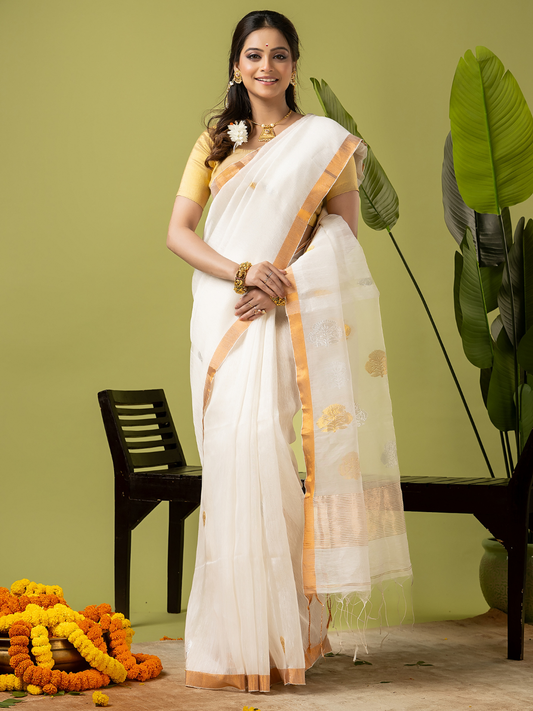 Pure Jamdani Linen Saree | Snow White and White | Half and Half style with Contrast Border