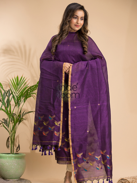 Handwoven Jamdani Cotton Linen Unstitched 2-piece Kurti | Plum Purple