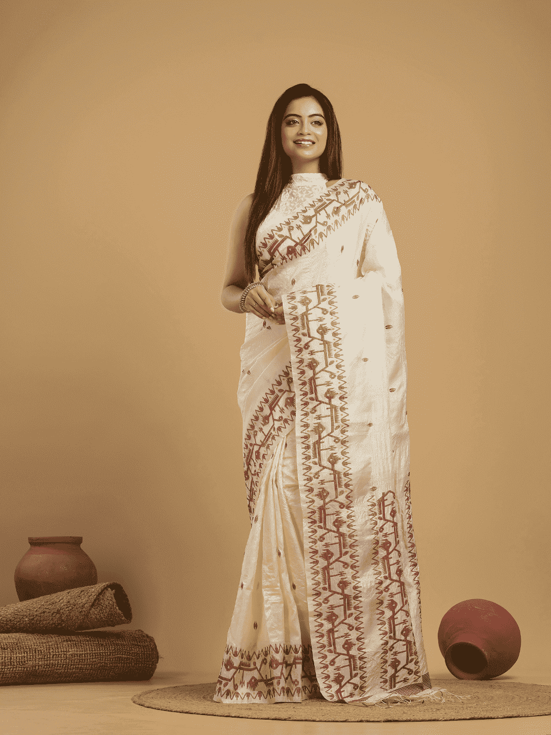 Linen White Tussar Silk Jamdani Saree - 044 - indeloom