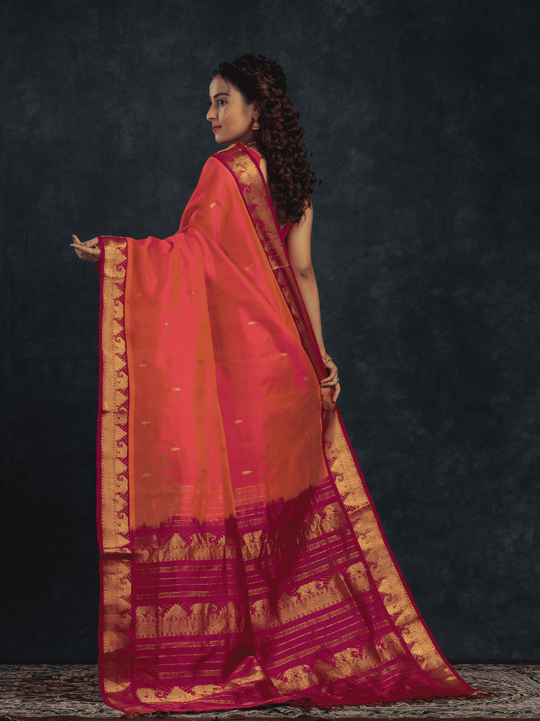 Pure handloom Korvai Silk Cotton Saree in Coral Pink Golden Pallu - 022