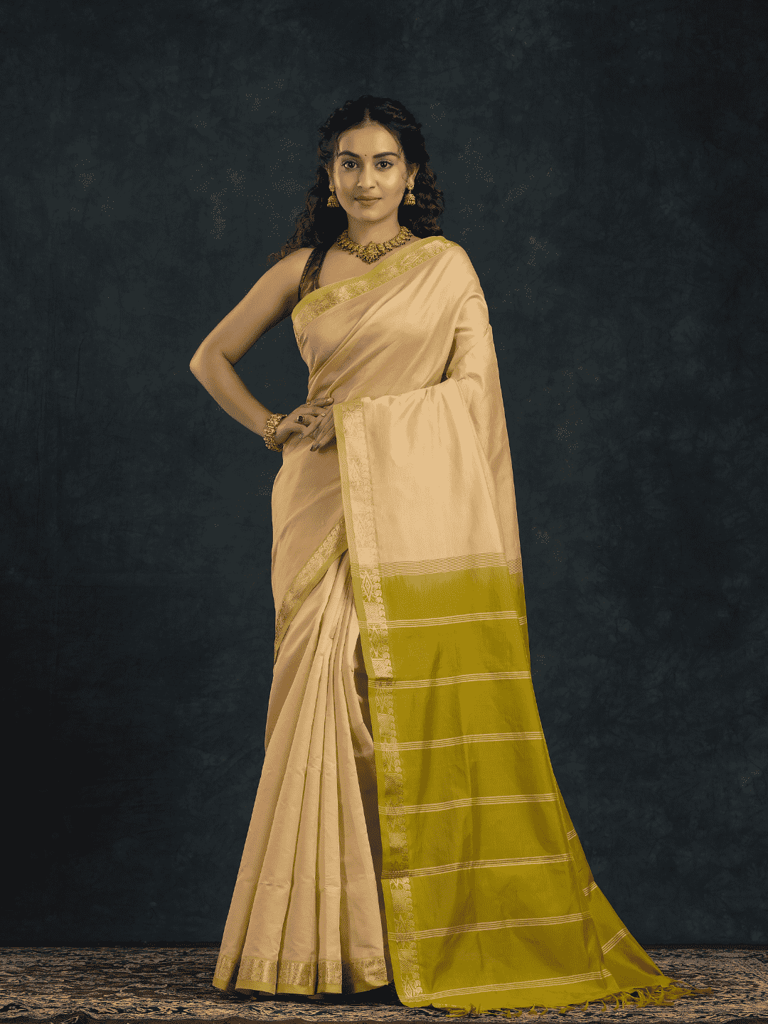 Pure Handloom Korvai Silk Cotton Saree in Golden Olive Elegance and rich cream - 146