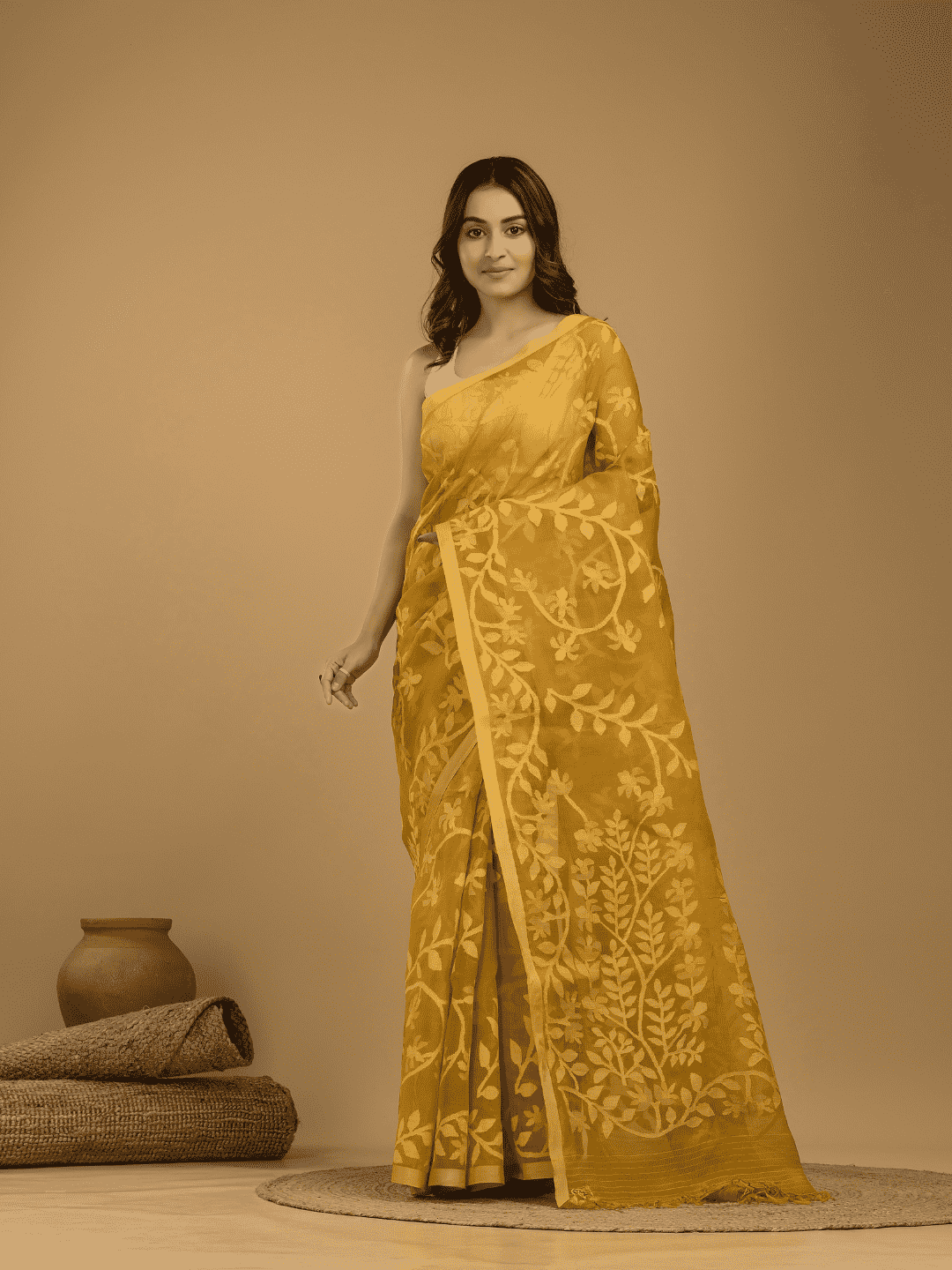 Jamdani Saree With Golden Yellow - 02 - indeloom