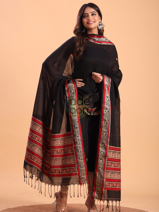 Red on Deep Black | Handloom Jamdani Linen Unstitched 2-Piece Kurti | Baluchari Design