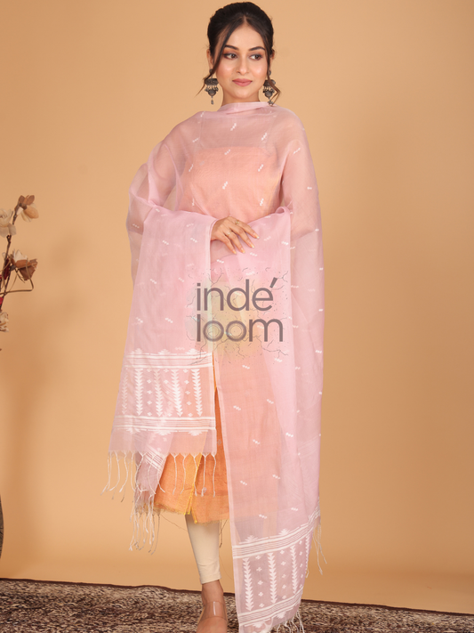 Pure Handloom Muslin Jamdani Dupatta With Pastel Pink - 034