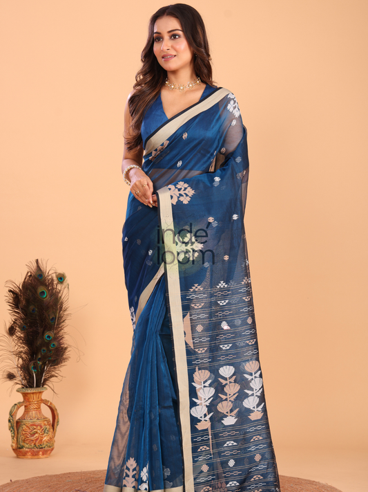 Silk Jamdani Saree With Navy Blue- 153
