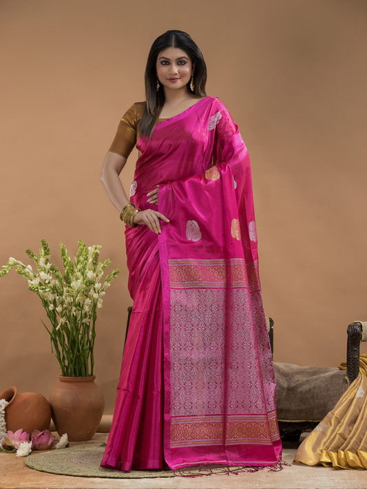 Hot Pink Tissue Silk Saree With White Pallu - 028