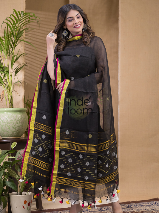 Deep Black | Handloom Jamdani Linen Unstitched 2-Piece Kurti