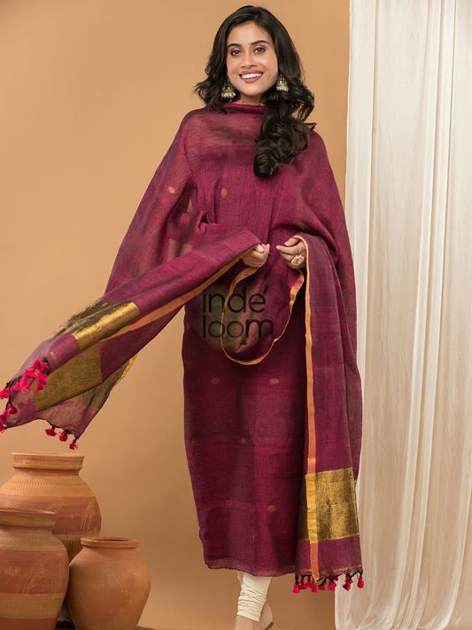 Handwoven Jamdani Linen Unstitched 2-piece Kurti | Wine Red