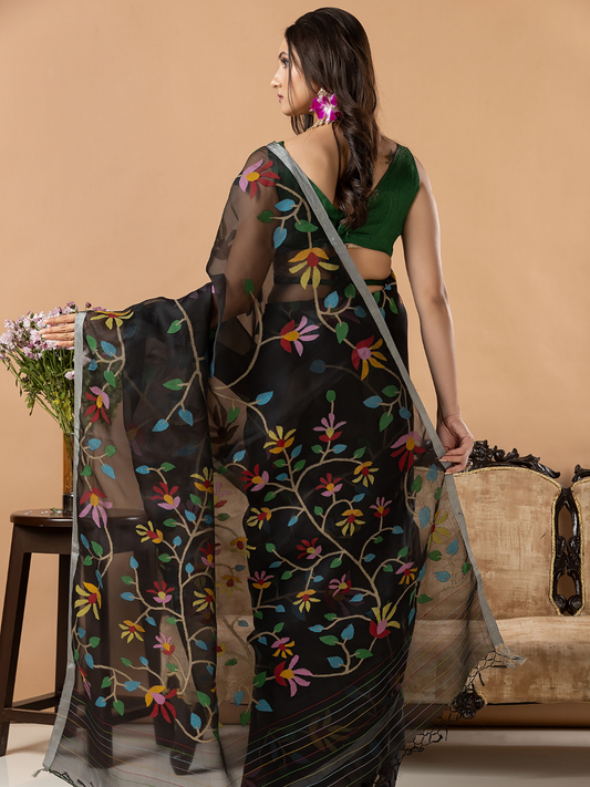 Handwoven Jamdani Muslin Silk Saree | Jet Black