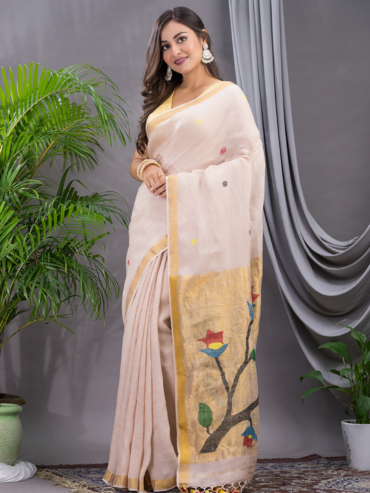 Linen Jamdani Saree With Ivory White - 024