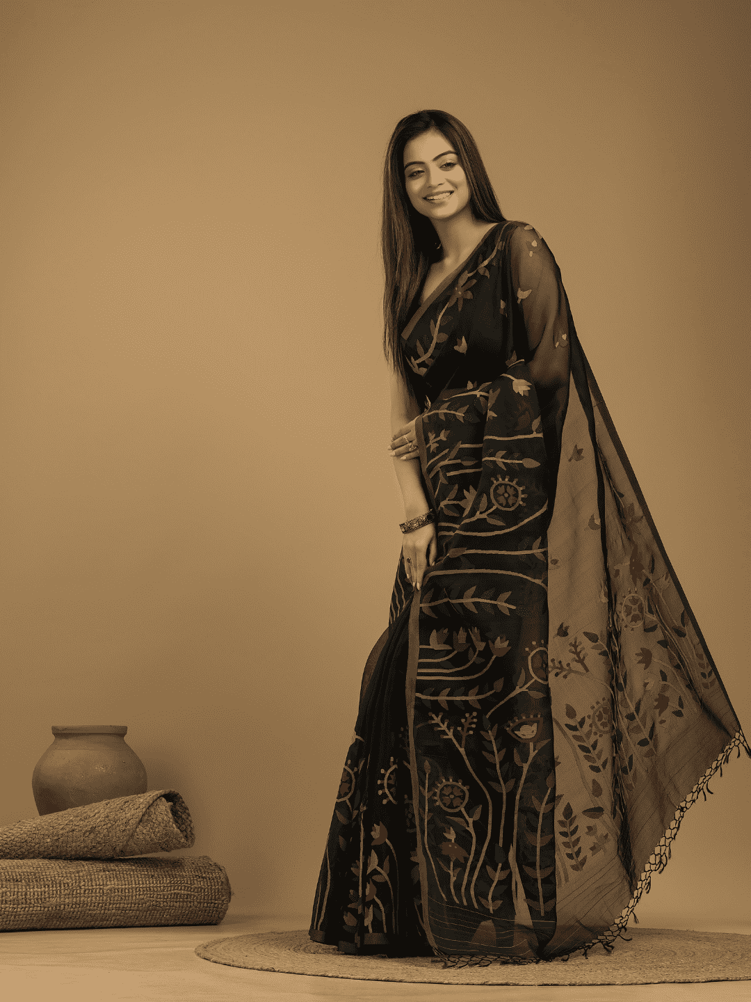 Muslin Jamdani Saree With True Black - 025