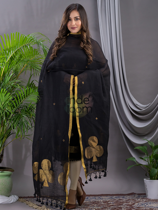 Deep Black | Handloom Jamdani Linen Unstitched 2-Piece Kurti
